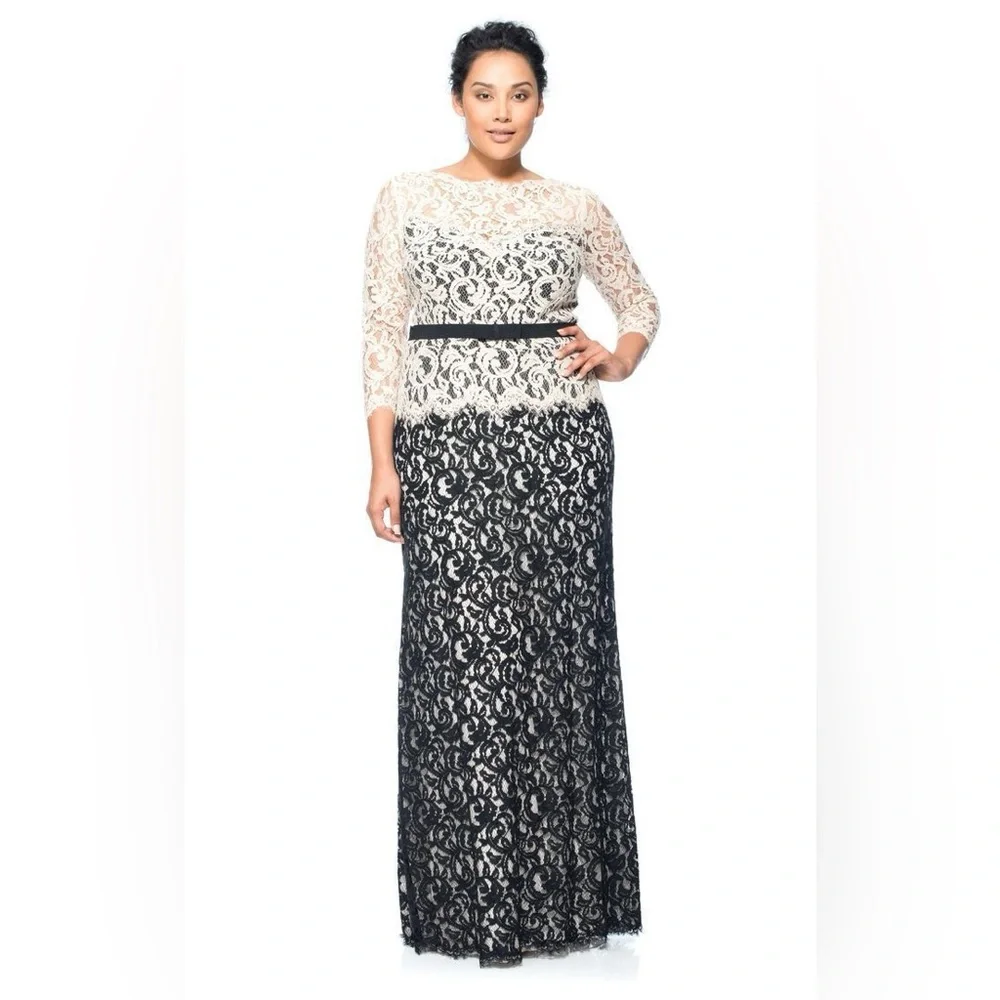 Tadashi Shoji Navy White Boatneck 3/4 Sleeve Lace Belted Black tie Gown 14 - Picture 3 of 13